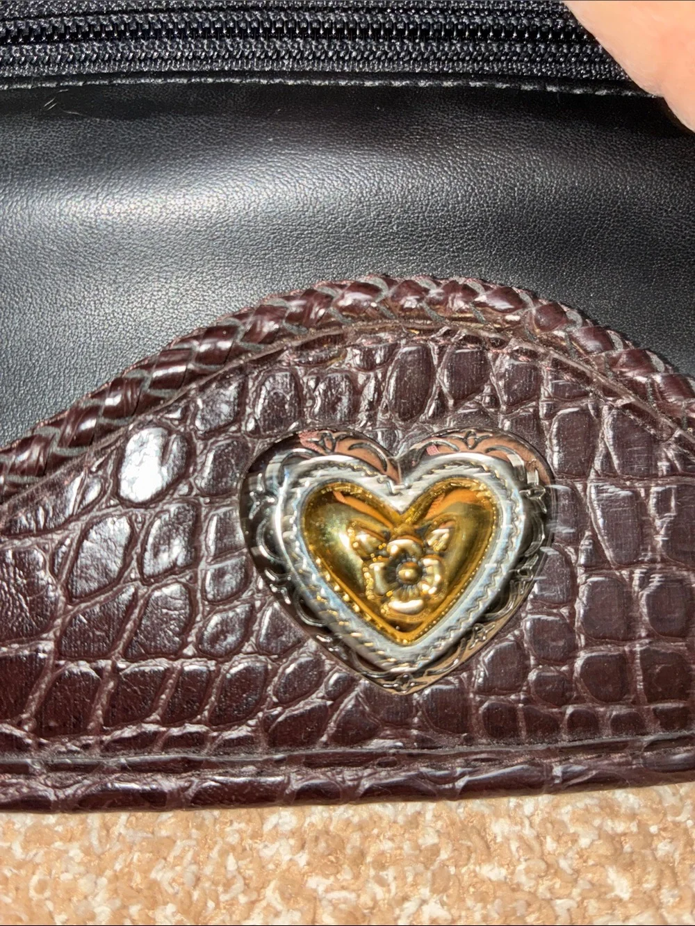 Black and Dark Brown Croc-Trim Wallet with Gold Heart Accent